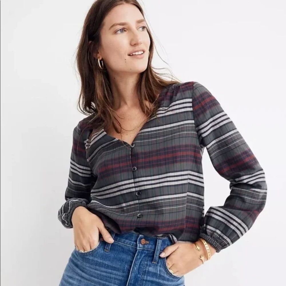 Madewell Western Plaid Shirt Women's M V-Neck Long Sleeve Button Up Green Red